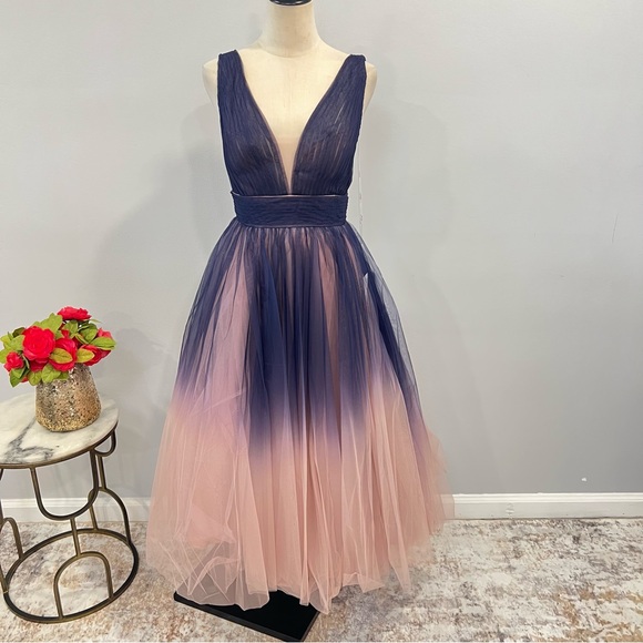 Mac Duggal 20403 Indigo Ombré Tulle Sleeveless V-Neck Midi Dress - Reemoly